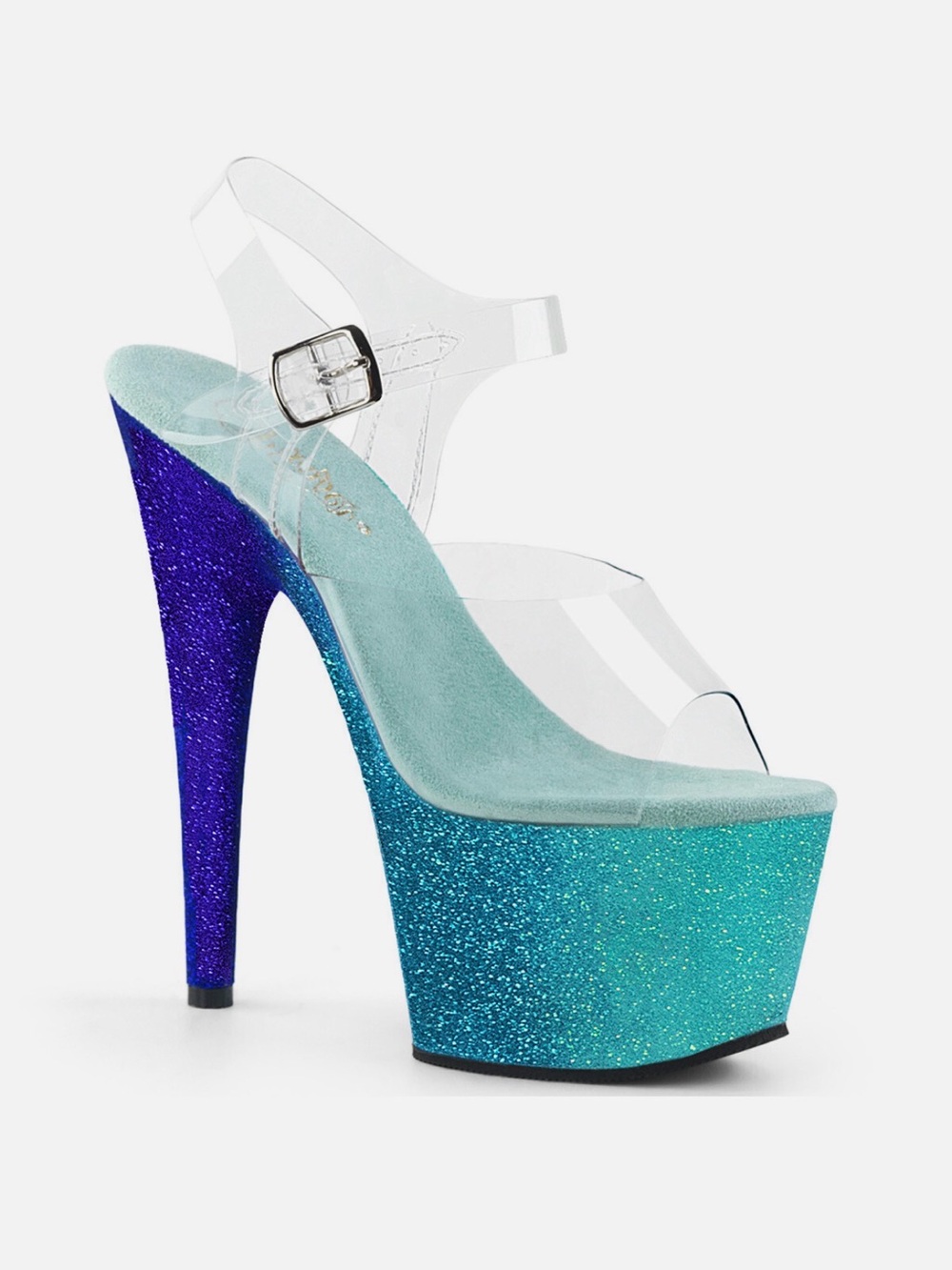 Clear Strap Teal-to-Blue Glitter Platform Heels